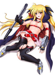 Rule 34 | 00s, 1girl, bardiche (nanoha), belt, blonde hair, boots, breasts, broken, cyclone (reizei), fate testarossa, fate testarossa (lightning form), fingerless gloves, gloves, hair ribbon, highres, lyrical nanoha, mahou shoujo lyrical nanoha, mahou shoujo lyrical nanoha strikers, nipples, pussy, red eyes, ribbon, small breasts, solo, thighhighs