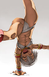 Rule 34 | 1girl, ^ ^, abs, ass, bikini, bracelet, breasts, closed eyes, closed mouth, dark-skinned female, dark skin, elena (street fighter), handstand, highres, jewelry, medium breasts, muscular, muscular female, navel, one arm handstand, open mouth, short hair, smile, solo, stomach, street fighter, swimsuit, white background, white bikini, white hair, ysk!