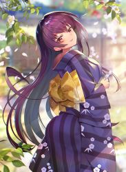 Rule 34 | 1girl, alternate costume, architecture, blurry, blurry background, breasts, cherry blossoms, commentary request, day, east asian architecture, fate/grand order, fate (series), floral print, grass, highres, japanese clothes, kimono, leaf, long hair, looking at viewer, looking back, nayuta (una), obi, outdoors, paper, purple hair, red eyes, sash, scathach (fate), scathach (fate), smile, tree, wide sleeves