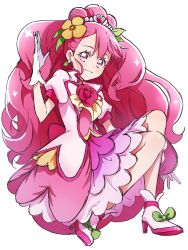 Rule 34 | 1girl, closed mouth, commentary request, cure grace, dress, earrings, flower, full body, gloves, hair flower, hair ornament, hanadera nodoka, healin&#039; good precure, highres, jewelry, light smile, long hair, looking at viewer, magical girl, pink dress, pink eyes, pink hair, precure, puffy short sleeves, puffy sleeves, short sleeves, simple background, solo, very long hair, white background, white gloves, yufu kyouko