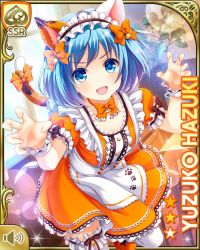 Rule 34 | 1girl, animal ears, apron, blue eyes, blue hair, bow, card (medium), cat ears, cat tail, character name, day, dress, fake animal ears, fake tail, girlfriend (kari), hair bow, hazuki yuzuko, indoors, official art, open mouth, orange bow, orange dress, qp:flapper, shoes, short hair, smile, solo, standing, tagme, tail, thighhighs, v-shaped eyebrows, white headwear, white thighhighs