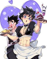 Rule 34 | 1boy, 1girl, abs, alternate costume, animal ear fluff, animal ears, apron, back bow, behind another, bell, belt, bikini, bikini top only, black hair, blank eyes, blue eyes, blush, bow, breasts, cake, cherry, choker, commentary, covered erect nipples, crop top, dragon ball, dragonball z, earrings, english commentary, enmaided, food, fruit, furrowed brow, head tilt, heart, highres, holding, holding plate, jewelry, lipstick mark, lipstick mark on face, long sleeves, looking at viewer, maid, medium breasts, midriff, navel, neck bell, nose blush, omelet, omurice, open mouth, parfait, plate, puffphox, puffy short sleeves, puffy sleeves, revealing clothes, shirt, short hair, short sleeves, skirt, son gohan, stomach, strawberry, swimsuit, toned, tongue, tongue out, twitter username, vest, videl, waist apron, waitress
