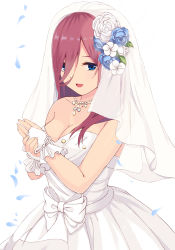 Rule 34 | 1girl, :d, absurdres, blue eyes, blue flower, breasts, bridal gauntlets, brown hair, cleavage, collarbone, dress, flower, go-toubun no hanayome, hair between eyes, hair flower, hair ornament, highres, jewelry, kouta(34765766), long hair, medium breasts, nakano miku, necklace, open mouth, petals, ribbon, smile, solo, standing, straight hair, strapless, strapless dress, veil, wedding dress, white background, white dress, white flower, white ribbon
