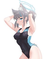 Rule 34 | 1girl, adjusting hair, animal ear fluff, animal ears, armpits, arms up, artist name, black one-piece swimsuit, blue archive, blue eyes, breasts, collarbone, competition swimsuit, covered navel, cowboy shot, cross hair ornament, dated, dyctalopia, earrings, extra ears, grey hair, hair ornament, halo, highleg, highleg swimsuit, highres, holding, holding own hair, jewelry, low ponytail, medium breasts, medium hair, mismatched pupils, mouth hold, multicolored clothes, multicolored swimsuit, official alternate costume, one-piece swimsuit, presenting armpit, rubber band, shiroko (blue archive), shiroko (swimsuit) (blue archive), simple background, solo, stud earrings, swimsuit, white background, wolf ears