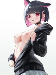 Rule 34 | 1girl, animal ears, black choker, black hair, black jacket, blue archive, blunt bangs, bob cut, breasts, breasts out, cat ears, choker, colored inner hair, commentary request, cowboy shot, from side, grey skirt, hair ornament, hairclip, halo, hand up, highres, hood, hood down, hooded jacket, jacket, kamenekko 5275, kazusa (blue archive), long sleeves, looking at viewer, looking to the side, multicolored hair, nipples, parted lips, partially unzipped, pink hair, pink halo, pleated skirt, red eyes, short hair, simple background, skirt, small breasts, solo, standing, teeth, two-tone hair, unzipping, upper body, upper teeth only, white background