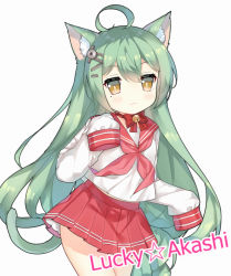 Rule 34 | 1girl, :3, ahoge, akashi (bilan hangxian), animal ears, ascot, azur lane, bell, blush, bow, bowtie, cat ears, cat tail, character name, choker, commentary request, cowboy shot, green eyes, green hair, hair between eyes, hair ornament, hairclip, jingle bell, long hair, long sleeves, looking at viewer, neck bell, neckerchief, pink neckerchief, pleated skirt, red bow, red bowtie, red skirt, school uniform, serafuku, shirt, simple background, skirt, sleeves past wrists, solo, standing, star (symbol), tail, tengxiang lingnai, very long hair, white background, white shirt, yellow eyes
