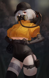 Rule 34 | 1girl, absurdres, angdo (kakajo26), baseball cap, belt pouch, black gloves, black hat, black shorts, black thighhighs, breasts, contrapposto, covered navel, cowboy shot, crop top, crop top overhang, elbow gloves, gas mask, gloves, hair between eyes, hands on own hips, hat, high collar, highres, looking at viewer, mask, medium breasts, micro shorts, mole, mole under eye, original, pouch, puffy sleeves, red eyes, shirt, short hair, short sleeves, shorts, smoke, solo, standing, thigh strap, thighhighs, thighs, underboob, white hair, yellow shirt