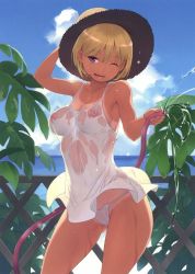 Rule 34 | 1girl, armpits, beach, blonde hair, breasts, cleavage, day, dress, fence, hat, highres, hose, large breasts, naughty face, nipples, nora higuma, one eye closed, original, outdoors, panties, red eyes, see-through, short hair, sideboob, sky, smile, solo, string panties, sundress, tan, tanline, thong, transparent, underwear, water, wet, wet clothes, white panties, wink