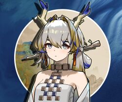 Rule 34 | 1girl, absurdres, arknights, bare shoulders, choker, commentary request, grey eyes, grey hair, hair intakes, highres, horns, jewelry, long hair, looking at viewer, necklace, off shoulder, shu (arknights), solo, strapless, tube top, upper body, yy yang