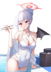 Rule 34 | 1girl, absurdres, bare shoulders, blue archive, breasts, cleavage, haruna (blue archive), highres, looking at viewer, medium breasts, qoray7, red eyes, simple background, single wing, smile, solo, swimsuit, white hair, wings