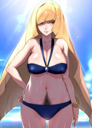 Rule 34 | 1girl, alternate breast size, arm at side, bad id, bad pixiv id, bikini, blonde hair, blue bikini, blush, bracelet, breasts, cleavage, collarbone, colored skin, covered erect nipples, cowboy shot, creatures (company), curvy, day, female pubic hair, game freak, green eyes, halterneck, hand on own hip, highres, hip focus, ikuchan kaoru, jewelry, large breasts, light rays, long hair, looking at viewer, lusamine (pokemon), mature female, multicolored skin, navel, nintendo, ocean, outdoors, parted lips, pokemon, pokemon sm, pubic hair, smile, solo, standing, sunbeam, sunlight, swimsuit, very long hair