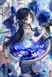 Rule 34 | 1girl, absurdres, blue bow, blue eyes, blue flower, blue hair, blue rose, blurry, blurry background, bow, chain, cup, dress, eumi 114, expressionless, flower, frilled cuffs, hair bow, highres, in container, in cup, liquid, long hair, looking at viewer, original, parted lips, ponytail, rose, sleeveless, sleeveless dress, solo, sugar cube, teacup, white dress, white flower, white rose