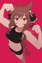 Rule 34 | 1girl, animal ears, artist name, bare arms, bare shoulders, bike shorts, black shorts, black sports bra, braided hair rings, brown hair, clenched hands, closed mouth, commentary request, foreshortening, from above, gentildonna (umamusume), hands up, highres, horse ears, horse girl, horse tail, light blush, looking at viewer, midriff, mukakin, navel, red background, red eyes, revision, shorts, sidelocks, simple background, solo, sports bra, tail, umamusume, wavy hair