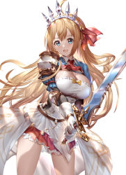 Rule 34 | 1girl, 77gl, ahoge, armor, ascot, belt, bow, braid, breasts, brown belt, commentary, dress, floating hair, gloves, hair ribbon, holding, holding sword, holding weapon, large breasts, long hair, looking at viewer, o-ring, o-ring belt, open mouth, orange hair, outstretched arms, pecorine (princess connect!), petticoat, princess connect!, red ribbon, ribbon, shoulder armor, shrug (clothing), simple background, single braid, smile, solo, sword, thighs, tiara, weapon, white gloves, yellow bow