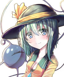 Rule 34 | 1girl, blue eyes, blush, breasts, cleavage, green hair, hair between eyes, hat, heart, heart-shaped pupils, komeiji koishi, long hair, looking at viewer, rigorigo, simple background, small breasts, smile, solo, symbol-shaped pupils, third eye, touhou, upper body, white background