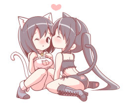 Rule 34 | 10s, 2girls, alternate costume, animal ears, ankle boots, bell, neck bell, black eyes, black footwear, black hair, black panties, boots, breast suppress, cat cutout, cat ears, cat lingerie, cat tail, chibi, choker, cleavage cutout, clothing cutout, fake animal ears, full body, haguro (kancolle), hairband, heart, high heel boots, high heels, jingle bell, kantai collection, kiss, knee boots, long hair, looking at viewer, meme attire, miooonu, multiple girls, nachi (kancolle), navel, one eye closed, panties, paw print, short hair, side-tie panties, side ponytail, simple background, sitting, stomach, tail, tears, underwear, wariza, white background, white panties, yuri