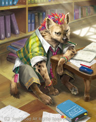 Rule 34 | animal, animal ears, book, bracelet, brown eyes, bushiroad, cardfight!! vanguard, company name, higashi, hyena, hyena ears, hyena tail, jewelry, mohican hyena, multicolored hair, necktie, no humans, official art, pen, sitting, solo, tail