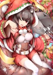 Rule 34 | absurdres, alternate costume, animal ears, azur lane, bare shoulders, belt, black hair, box, breasts, cat ears, cat girl, christmas, corset, fang, flakes, gift, gift box, highres, hood, large breasts, miniskirt, one eye closed, paw pose, pom pom (clothes), red eyes, red skirt, rigging, shoes, skirt, tagme, thighhighs, white thighhighs, wink, yamashiro (azur lane), yashita saki