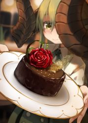 Rule 34 | 159cm, 1girl, blurry, blurry foreground, blush, cake, chocolate cake, closed mouth, curled horns, depth of field, fingernails, flower, food, gran-chan (159cm), green hair, green ribbon, hair between eyes, highres, holding, holding plate, horns, huge horns, incoming food, looking at viewer, neck ribbon, original, plate, red flower, red rose, religious offering, ribbon, rose, shirt, smile, solo, white shirt, yellow eyes