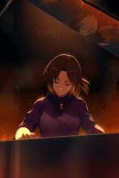Rule 34 | 1boy, asai narumi, blue eyes, breasts, brooch, brown hair, burning, crossdressing, different reflection, echo (circa), english text, fire, floating hair, gem, grand piano, half-closed eyes, instrument, jewelry, long sleeves, meitantei conan, music, parted bangs, piano, playing instrument, purple sweater, red gemstone, reflection, sad, short hair, smile, solo, sweater, trap