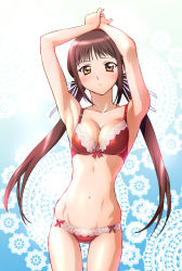 Rule 34 | 1girl, armpits, arms up, blue background, blush, bow, bow bra, bow panties, bra, breasts, brown eyes, brown hair, cleavage, cowboy shot, curvy, frown, gradient background, groin, hair ribbon, hands on own head, hip bones, houjouin seika, lace, lace-trimmed bra, lace-trimmed panties, lace background, lace trim, large breasts, lingerie, long hair, looking at viewer, lover, low twintails, lowleg, navel, orange eyes, own hands together, panties, princess lover, red bra, red panties, ribbon, sidelocks, skinny, solo, standing, twintails, ueyama michirou, underwear, underwear only, very long hair, wide hips