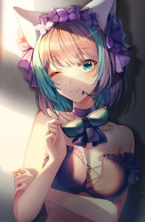 Rule 34 | 1girl, ;), animal ears, arm under breasts, azur lane, bare arms, bare shoulders, bikini, black hair, blush, bow, breasts, cat ears, cheshire (azur lane), cheshire (summery date!) (azur lane), cleavage, closed mouth, collarbone, commentary request, unworn eyewear, fake animal ears, frills, green eyes, green hair, hair ornament, hand up, helawid, holding, holding removed eyewear, large breasts, looking at viewer, maid headdress, multicolored hair, one eye closed, purple bow, ribbon, short hair, smile, solo, strapless, strapless bikini, streaked hair, sunglasses, swimsuit, upper body