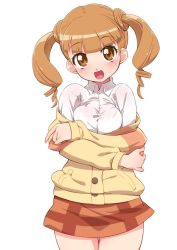 Rule 34 | 1girl, :d, blunt bangs, blush, breasts, brown eyes, brown hair, looking at viewer, medium breasts, onegai my melody, open mouth, orange skirt, sanrio, senzoc, shirt, short hair, simple background, skirt, smile, solo, thighs, twintails, white background, white shirt, yumeno uta