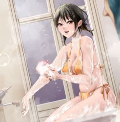Rule 34 | 1girl, bathing, bathroom, bikini, black hair, blush, breasts, cleavage, covered erect nipples, faucet, hayakawa pao, highres, large breasts, lips, looking at another, open mouth, orange eyes, original, short hair, side-tie bikini bottom, sitting, smile, swimsuit, wet, wet clothes, wet swimsuit, yellow bikini