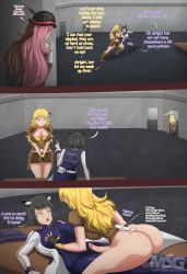 Rule 34 | 3girls, absurdres, ass, blake belladonna, blonde hair, grabbing another&#039;s breast, clothes, english text, fighting, fingerless gloves, futa with female, futanari, gloves, grabbing, hat, heart, highres, long hair, lying, magnificentsexygals, multiple girls, neo politan, netorare, open mouth, partially undressed, penis, purple eyes, rwby, short hair, smile, training, veins, veiny penis, voyeurism, yang xiao long, yellow eyes