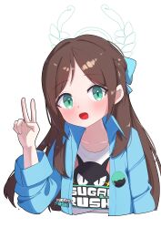 Rule 34 | 1girl, absurdres, airi (band) (blue archive), airi (blue archive), aqua bow, aqua jacket, blue archive, blush, bow, brown hair, collarbone, english text, green eyes, hair bow, halo, head tilt, highres, jacket, long hair, looking at viewer, open mouth, print shirt, sanbi1313, shirt, simple background, smile, solo, t-shirt, upper body, v, white background, white shirt