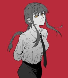 Rule 34 | 1girl, arms behind back, braid, breasts, chainsaw man, chinese commentary, commentary request, dododo, greyscale, highres, long hair, makima (chainsaw man), medium breasts, monochrome, necktie, orange eyes, red background, ringed eyes, sidelocks, single braid, smile, solo, spot color, upper body