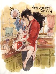Rule 34 | &gt; &lt;, 1boy, 1girl, apron, bad id, bad twitter id, barefoot, black hair, blue hair, blush, box, breasts, brown gloves, brown neckwear, chocolate, chocolate on body, chocolate on face, couple, dated, embarrassed, fairy tail, fingerless gloves, food, food on body, food on face, gajeel redfox, gloves, happy valentine, headband, heart, heart-shaped box, imminent kiss, indoors, jacket, levy mcgarden, long hair, loose necktie, naked apron, necktie, open clothes, open jacket, open mouth, panties, ponytail, red apron, red jacket, red panties, rusky, sideboob, sketch, small breasts, standing, underwear, undone necktie