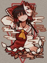 Rule 34 | 1girl, ascot, black hair, bow, closed mouth, commentary request, detached sleeves, fox mask, frilled bow, frilled hair tubes, frills, gohei, hair bow, hair tubes, hakurei reimu, henyomenmen, highres, holding, holding gohei, long hair, looking at viewer, mask, mask on head, red bow, red eyes, ribbon-trimmed sleeves, ribbon trim, solo, touhou, yellow ascot