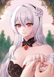 Rule 34 | 1girl, absurdres, bare shoulders, black collar, blush, breasts, cleavage, collar, collarbone, commentary request, dress, flower, hair between eyes, hair flower, hair ornament, hand up, highres, holding, holding jewelry, holding ring, honkai (series), honkai impact 3rd, jewelry, kimshimhae, large breasts, layered dress, long hair, looking at viewer, marriage proposal, nail polish, necklace, official alternate costume, pink nails, red eyes, ring, rose, single hair intake, smile, solo, theresa apocalypse, theresa apocalypse (luna kindred), theresa apocalypse (lunar vow: crimson love), upper body, wedding ring, white dress, white flower, white hair, white rose, white sleeves