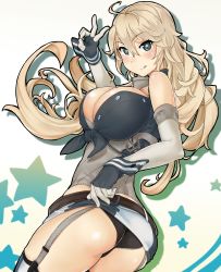 Rule 34 | 10s, 1girl, ass, bare shoulders, black panties, blonde hair, breasts, cleavage, elbow gloves, fingerless gloves, front-tie top, garter straps, gloves, grey eyes, iowa (kancolle), kantai collection, large breasts, long hair, miniskirt, panties, pantyshot, pinero, skirt, smile, solo, star-shaped pupils, star (symbol), striped clothes, striped skirt, striped thighhighs, symbol-shaped pupils, thighhighs, tongue, tongue out, underwear, vertical-striped clothes, vertical-striped skirt, vertical-striped thighhighs