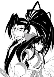 Rule 34 | 1boy, 1girl, ainu clothes, black hair, breasts, fingerless gloves, gloves, hair ribbon, haoumaru, japanese clothes, long hair, looking at viewer, monochrome, nakoruru, ponytail, ribbon, samurai spirits, sketch, small breasts, snk, the king of fighters