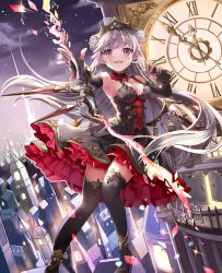 Rule 34 | 1girl, black choker, black gloves, black thighhighs, blush, bow (weapon), breasts, choker, city, clock, clock tower, copyright request, double bun, dress, elbow gloves, fangs, fingerless gloves, flying, gloves, hair bun, highres, issign, jewelry, long hair, looking at viewer, official art, over-kneehighs, pendant, petticoat, purple eyes, silver hair, solo, thighhighs, tiara, tower, weapon, wings