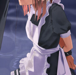 Rule 34 | 1boy, 1girl, apron, arms behind back, black dress, bound, bound wrists, brown hair, commentary request, dress, fellatio, head out of frame, highres, maid, medium hair, oral, original, out-of-frame censoring, po-i-mu, puffy short sleeves, puffy sleeves, saliva, short sleeves, solo focus, white apron