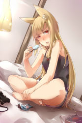 Rule 34 | 1girl, animal ears, ayyh, bare shoulders, barefoot, bed, blonde hair, collarbone, controller, cushion, feet, game controller, gamepad, highres, indoors, popsicle, red eyes, shorts, sitting, solo