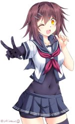 Rule 34 | 1girl, blue sailor collar, bodysuit, brown hair, elbow gloves, furutaka (kancolle), gloves, hair ornament, hairclip, kantai collection, looking at viewer, neckerchief, one eye closed, open mouth, red neckerchief, sailor collar, school uniform, serafuku, short hair, simple background, single elbow glove, single thighhigh, smile, solo, tamagawa yukimaru, thighhighs, v, white background, yellow eyes