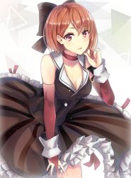 Rule 34 | 1girl, breasts, brown eyes, brown hair, choker, collarbone, dress, eyebrows, frilled dress, frills, gloves, looking at viewer, magical mirai (vocaloid), magical mirai meiko, matching hair/eyes, medium breasts, meiko (vocaloid), open mouth, partially fingerless gloves, short hair, solo, vocaloid, yen-mi
