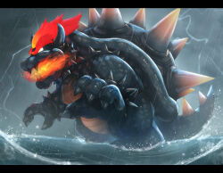Rule 34 | armlet, bowser, bracelet, breath weapon, breathing fire, claws, cloud, cloudy sky, collar, commentary request, fiery hair, fire, fury bowser, glowing, glowing eyes, glowing hair, gonzarez, highres, horns, in water, jewelry, kaijuu, letterboxed, lightning, mario (series), night, nintendo, no humans, open mouth, outdoors, rain, red hair, revision, sharp teeth, shell, sky, solo, spiked armlet, spiked bracelet, spiked collar, spiked shell, spiked tail, spikes, storm, super mario 3d world, tail, teeth, turtle shell, v-shaped eyebrows, water, waves