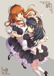 Rule 34 | 10s, 2girls, alternate costume, ankle strap, apron, black choker, black dress, black footwear, black hair, blunt bangs, brown eyes, choker, commentary request, dress, enmaided, frilled choker, frilled dress, frills, from behind, girls und panzer, gloves, grey background, hairband, high heels, highres, holding hands, icomochi, interlocked fingers, long hair, looking at another, maid, maid apron, maid headdress, mary janes, multiple girls, open mouth, orange eyes, orange hair, petticoat, puffy short sleeves, puffy sleeves, reizei mako, shoes, short dress, short sleeves, smile, standing, standing on one leg, strappy heels, takebe saori, thighhighs, white apron, white gloves, white hairband, white legwear