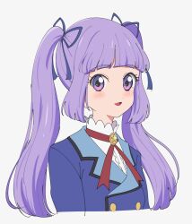 Rule 34 | 1girl, aikatsu! (series), alternate hairstyle, blue jacket, blue ribbon, blunt bangs, blush, cropped torso, hair ribbon, hikami sumire, jacket, long hair, looking at viewer, neck ribbon, open mouth, purple eyes, purple hair, red ribbon, ribbon, school uniform, shirt, simple background, smile, solo, starlight academy school uniform, twintails, upper body, white background, white shirt, yuniwo