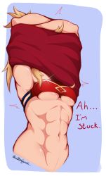 Rule 34 | 1girl, abs, arms up, artist name, bandeau, blonde hair, blue background, border, breasts, covered face, cropped torso, english text, fate/apocrypha, fate/grand order, fate (series), glint, highres, long hair, mordred (fate), mordred (fate/apocrypha), muscular, muscular female, navel, signature, simple background, small breasts, solo, stuck, toned, twitter username, underboob, undressing, wardrobe malfunction, white border, zealyush