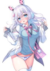 Rule 34 | 1girl, animal ear headphones, animal ear legwear, animal ears, bag, blue eyes, blush, bow, bow panties, braid, breasts, collared shirt, commission, dress shirt, fake animal ears, fang, frilled jacket, frills, grey hair, hair between eyes, hair ornament, hairclip, hands up, headphones, highres, jacket, long hair, long sleeves, looking at viewer, medium breasts, neck ribbon, no pants, nose blush, open clothes, open jacket, open mouth, original, panties, pink ribbon, pixiv commission, rabbit ear legwear, rabbit hair ornament, ribbon, sacraneco, shirt, shoulder bag, simple background, sleeves past wrists, solo, sweater vest, thighhighs, underwear, wavy mouth, white background, white jacket, white panties, white shirt, white thighhighs, x hair ornament
