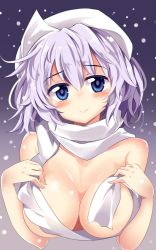 Rule 34 | 1girl, blue eyes, blush, breasts, female focus, hat, jpeg artifacts, large breasts, letty whiterock, light purple hair, looking at viewer, maturiuta sorato, naked scarf, nude, scarf, smile, solo, topless frame, touhou, upper body