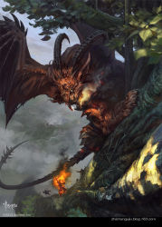 Rule 34 | arrow (projectile), artist name, bat wings, bayard wu, chimera, dated, faceless, faceless male, fangs, fire, fur trim, highres, horns, leaf, legend of the cryptids, monster, open mouth, sky, solo, tail, tree, watermark, web address, wings, yellow eyes