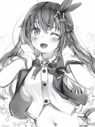 Rule 34 | 1girl, :d, bad id, bad pixiv id, blush, bow, gloves, greyscale, hair bow, hair ornament, hands up, highres, hololive, long hair, looking at viewer, midriff, monochrome, nanashi (nlo), navel, neck ribbon, one eye closed, open mouth, ribbon, smile, solo, star (symbol), star hair ornament, tokino sora, tokino sora (1st costume), upper body, virtual youtuber