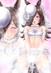 Rule 34 | 1girl, alternate costume, aonuma kiyoharu, black hair, blush, breasts, bridal veil, censored, closed eyes, commentary request, female orgasm, gloves, hair ornament, hair over one eye, hat, highres, looking at viewer, navel, orgasm, pink background, purple eyes, rice shower (umamusume), small breasts, solo, sweat, swimsuit, tears, thighhighs, umamusume, veil